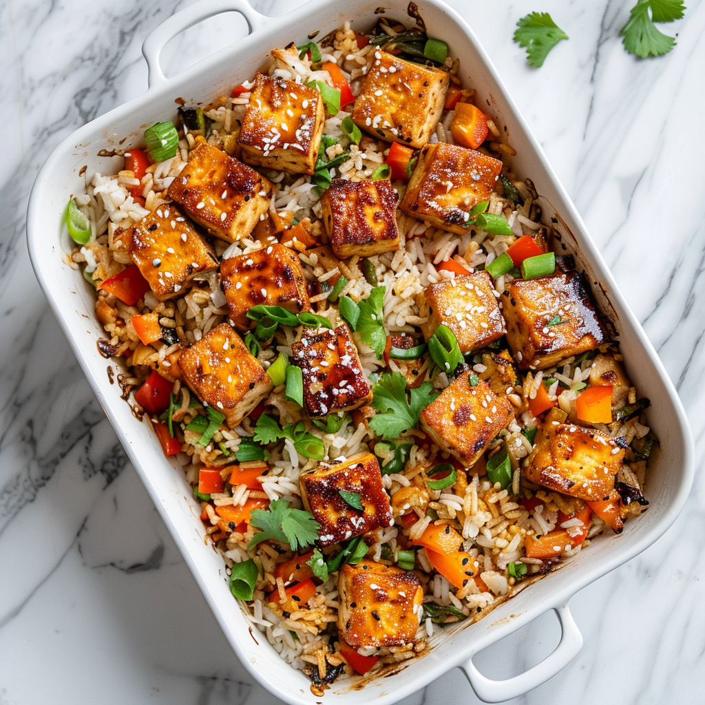 Home Page 1 Dump and Bake Teriyaki Tofu Rice Casserole Made Easy