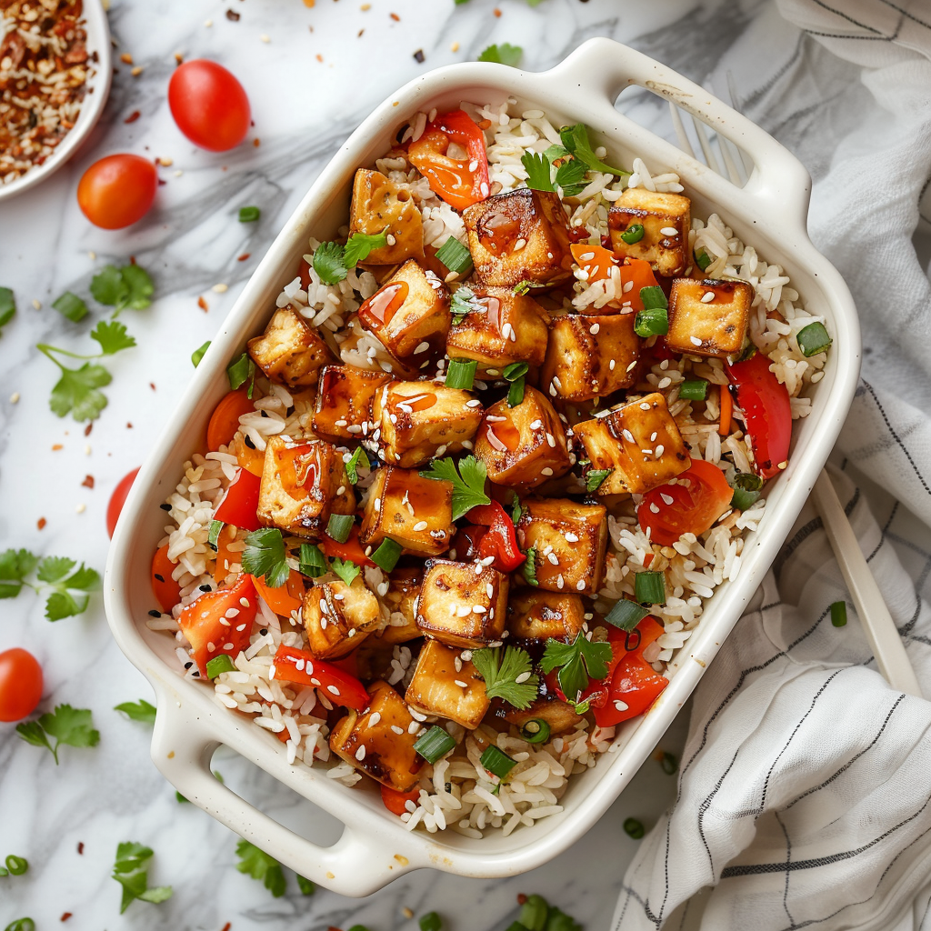 Dump and Bake Teriyaki Tofu Rice Casserole Made Easy